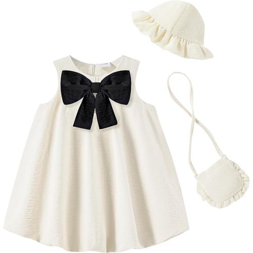 SODLON Baby Girl Dress Summer Clothes Bow Bubble Dresses Infant 3-Piece Outfits Toddler Girls Linen Sleeveless Sundress 3M-3T