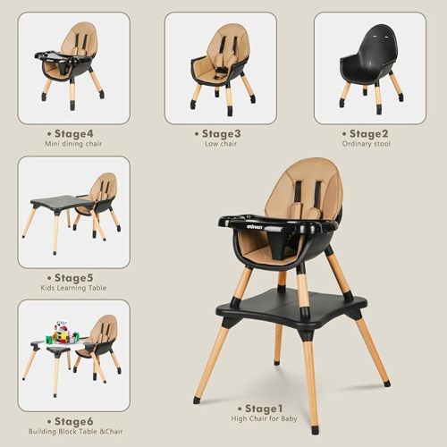 Gofirst Silla alta de madera convertible 6 en 1 para bebés y niños pequeños, asiento elevador de comedor para bebés con mesa de bloques de construcción y silla de alimentación extraíble de 4