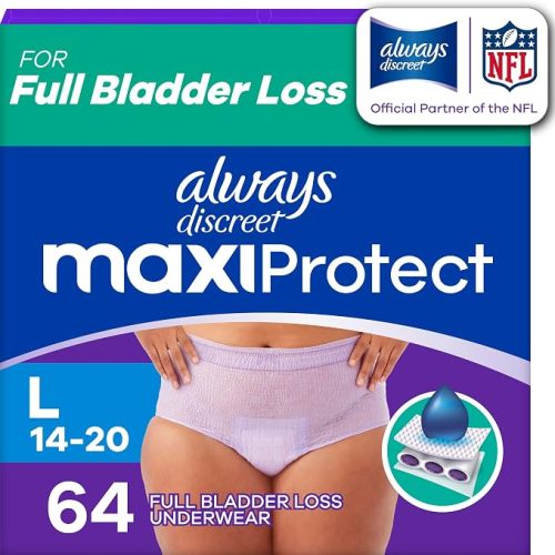 Always Discreet MaxiProtect Adult Diapers for Women, Incontinence Underwear, Scented, Postpartum Essentials, Bladder Leak Protection, Disposable Briefs, Maximum Plus Absorbency, Size L, 64 Count