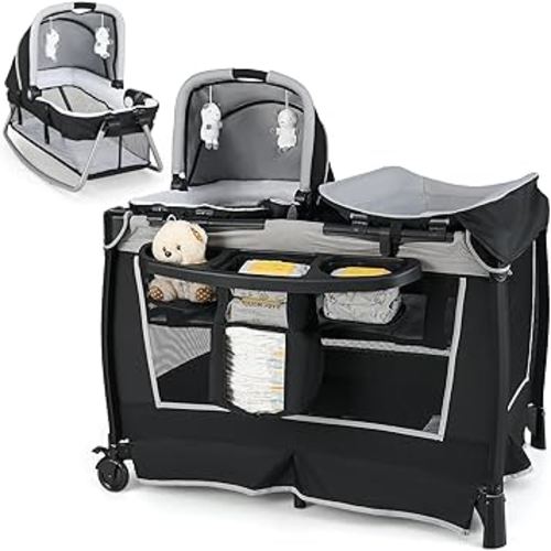 HONEY JOY Pack and Play, 5 in 1 Portable Infant Playpen with Bassinet & Changing Table, Storage Bag, Music Box, Toys, Carry Bag, Nursery Center, Baby Playard Pack n Play Crib for Boys Girls