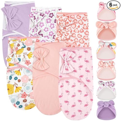 Ramede 6 Pack Swaddle Blanket with Hats for Baby Girl Boy 100% Cotton Swaddles 0-3 Months, Adjustable Breathable Skin Friendly Receiving Blanket Wrap, Essential for Newborns(Bow,Pink)