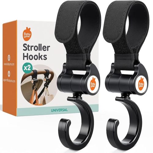 Baby Uma Stroller Hooks (2 Pack) - Open Stroller Hook with 360°-Swivel Neck & Extra Strong Strap, Easy On 'n Off & Universal, 11 lb Weight Capacity, Baby Travel Essential