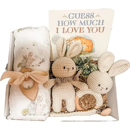 Baby Bunny Gift Box with Swaddle Blanket and Book - Handmade Organic Cotton Crochet Bunny Rattle and Toy. Baby Gift Set, for Girls, Newborn