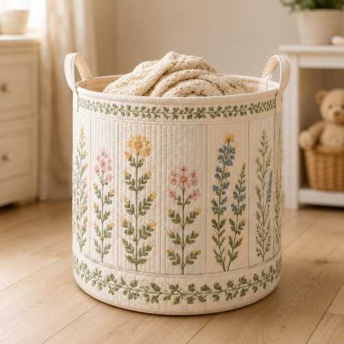 Vintage Wildflower Quilt Laundry Basket, Floral Library Storage Hamper, Cottagecore Quilted Laundry Bin, Bedroom Home Decor, Meadow Hamper