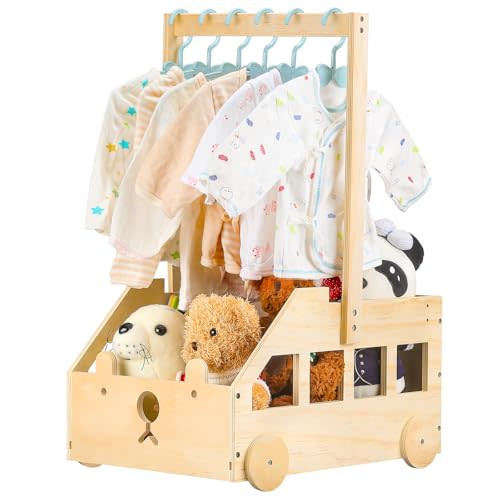 Customized Wooden Baby Shower Crate Closet Gifts,Baby Shower Basket with Hanger Rack,Personalized New Baby Clothes Wood Boxes Basket with Rolling Wheels