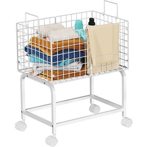 Wire Laundry Hamper Cart,80L Laundry Hamper Trolley with Pull Handle,White High Laundry Basket Cart for Laundry Room,Bathroom,Bedroom-White（23.6 * 15.75 * 28inch）