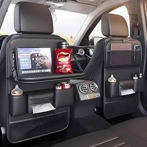 2 Pack Universal Foldable Car Backseat Organizer with Table Tray, Car Seat Back Protector with Touch Screen Phone Holder, Premium Leather Kick Mats Protector with Storage Pockets Tissue Box