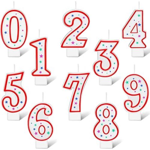 Nuanchu 10 Pcs Number Birthday Candles 0-9, Polka Dot Star Toppers,Red