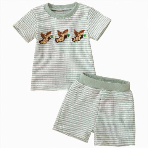 CAICJ98 Baby Toddler Boy Summer Clothes Mallard Duck Embroidery Stripe Short Sleeve T-Shirts Shorts Sets Infant Outfits (Light Green,3-6 Months)