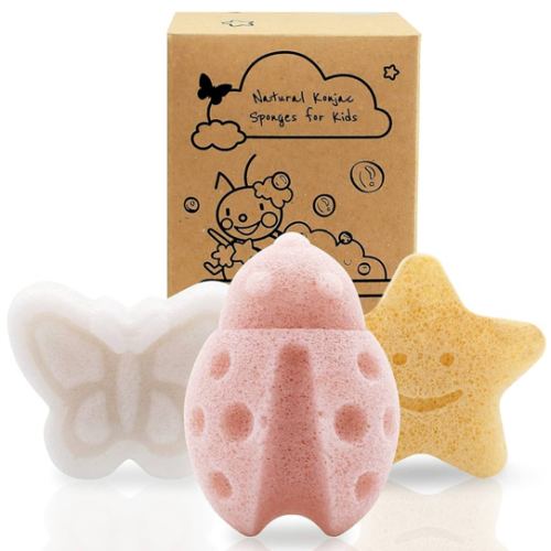 myHomeBody Konjac Baby Sponge for Bathing, Cute Shapes Natural Kids Bath loofah for Infants, Toddler, Newborns, Safe Plant-Based, 3pc. Set: Butterfly, Ladybug, Star