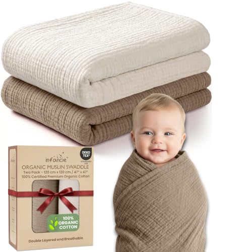 OEKO TEX 100% Organic Cotton 2 PK Baby Muslin Throw Blanket Unisex 47x47 In | Oeko-TEX Certified, Swaddling Blanket, Muslin Blankets, Baby Muslin Blankets, Olive/Ivory, Unisex Design, For Babies
