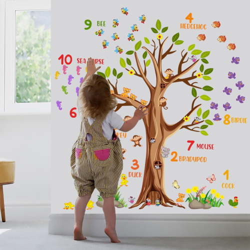 Cheerful Safari Nursery Wall Decor – Woodland Tree Wall Decals with Animal & Tree – Cute Animal Stickers for Kids Room, Baby Boys and Girls Bedroom, Classroom & Daycare Decorations