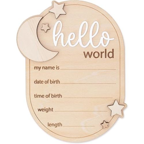 Baby Announcement Sign Star, 6.5 Inch Wooden Hello World Newborn Welcome Sign Birth Name Plaques for Photo Props Baby Shower Hospital Nursery new