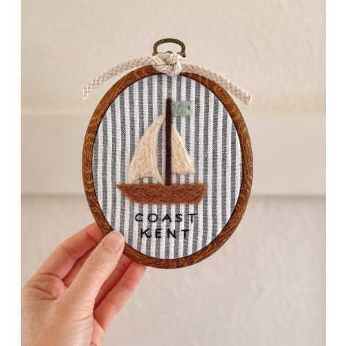 Nautical Wall Art – Felted Sailboat Nursery Decor – Coastal Baby Boy Room – Ocean Theme Wall Hanging – Personalized Felt Hoop