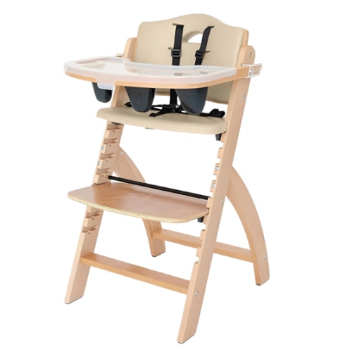 Abiie Beyond Junior Wooden High Chair with Tray - Adjustable and Convertible High Chair for Babies and Toddlers - 6 Months to 250 Lb - Water Resistant - Natural Wood with Beige Cushion