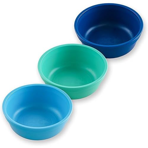Re-Play 12 oz. Toddler Bowls Set of 3 - Kids Deep-Walled, Durable & Reusable Snack and Meal Bowls, Dishwasher & Microwave Safe, BPA-Free, Made in USA from Recycled Plastic, True Blue