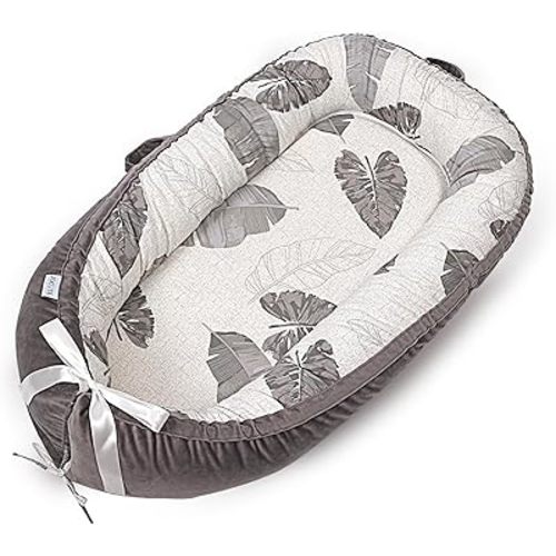 Baby Lounger - Ultra Soft 100% Cotton & Breathable Fiberfill Newborn Lounger, Portable Adjustable Infant Floor Seat for Travel, Newborn Must Have Essentials Baby Registry Search(Leaves)
