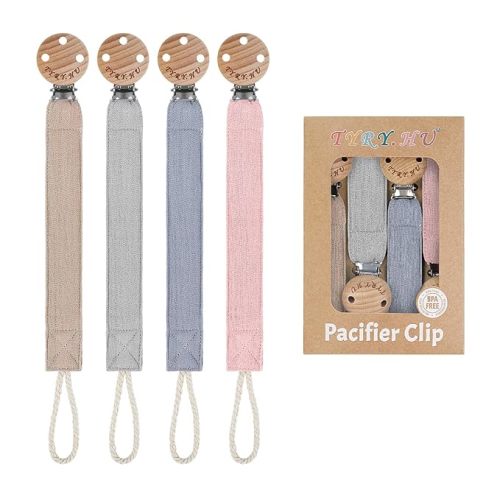 TYRY.HU Ribbon Pacifier Clip Holder,4 Pack Binky Paci Holder Clips, Pacifier Leash for Boys and Girls, Soft Webbing Strap Universal Fits for Most Pacifier, Styles & Teethers(Khaki,Grey,Blue,Green)