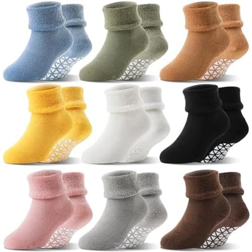 Toddlers Kids Grips Socks Warm Thermal Winter Thick Anti Slip Non Skid Ankle Crew Socks 9 Pairs for Baby Boys Girls Infants
