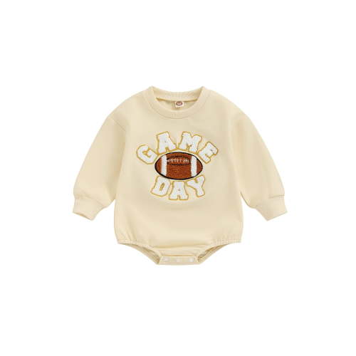 Raccmtaty Baby Fall Romper Letter Football Embroidery Long Sleeves Round Neck Jumpsuit for Girls and Boys