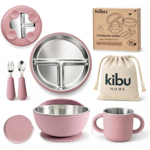 Stainless Steel Baby Feeding Set with Removable Silicone Suction | Kids Plates and Bowls with Cup, Spoon & Fork | Easy to Clean | Baby-Led Weaning Eating Set for Babies & Toddlers | Pink