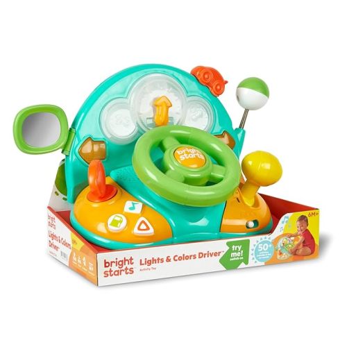 Bright Starts Lights and Colors Driver Toy Steering Wheel with Car Sounds for Pretend Play - Green, 6 Months and up