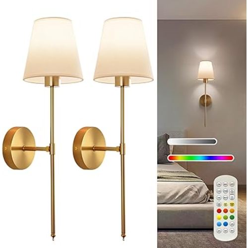 Battery Operated Wall Sconce Set of 2, Gold Rechargeable Wireless Wall Lights with Remote - 5000mAh Dimmable RGB Bulbs | 15 Color, Cordless Wall Lamps for Bedroom, Living Room, Hallway Decor