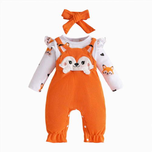CAICJ98 Newborn Infant Baby Girl Clothes Fall Winter Long Sleeve Ruffle Romper Bow One Piece Jumpsuit Cute Outfits Orange,Size 6-9 Months