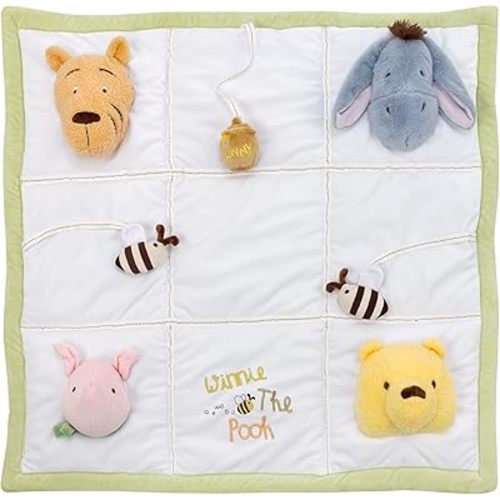 NoJo Disney Classic Winnie The Pooh Green and White, Hunny Pot and Bee's, Piglet, Tigger and Eeyore Tummy Time Play Mat - Squeaker, Crinkles and Chimes