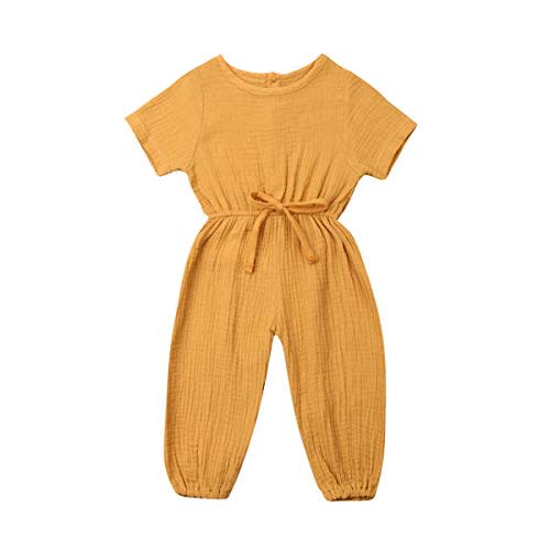 Mubineo Toddler Baby Girl Summer Fall Basic Plain Short Sleeve Cotton Linen Drawstring Romper Jumpsuit