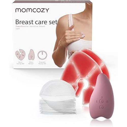 Momcozy Breastfeeding Essentials Care Set-Warming Lactation Massager 2-in-1, 2 Hot and Cold Breast Therapy Packs, 20 Nursing Pads-23 Pieces, New Mom Gifts for Breast Feeding