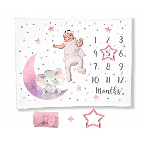 Elephant Moon Baby Milestone Blanket with Headband, First Year Calendar Monthly Growth Chart, Newborn Photo Prop Mat, Baby Girl Shower Gift, Stars Nursery (Pink, Minky 50x40)