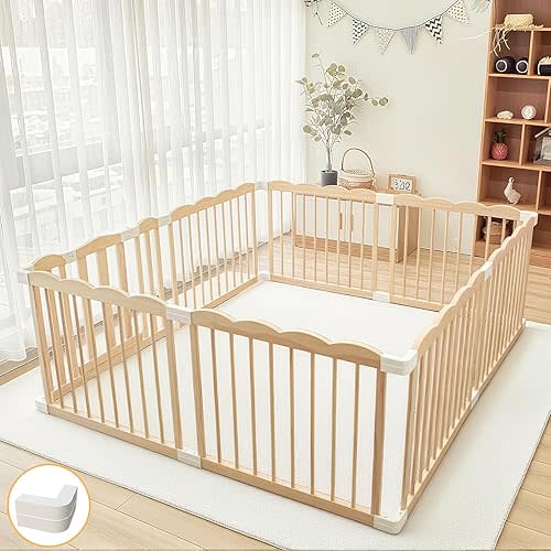 Baby Play Pen,Large Playpen for Babies and Toddlers Expandable Wooden Play Yard with Gate Adjustable Wood Fence for Kids with Locking Gate Easy to Assemble