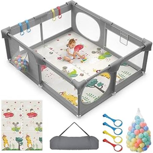 Inaya Baby Playpen with Mat, 71 x 59-inch Extra Large Play Yard for Baby and Toddler, Safety Play Fence, Large Indoor & Outdoor Activity Center for Kids, Breathable Mesh, Anti-Fall&Anti-Slip