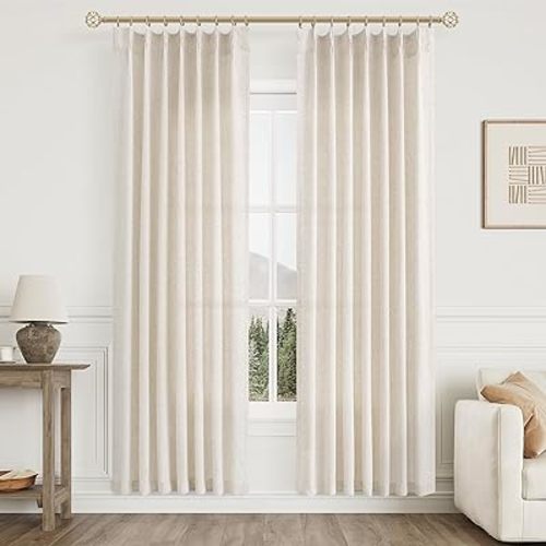 Natural Cream Pinch Pleated Linen Curtains 78 Inch Long for Bedroom Pinch Pleat with Hooks Back Tab Light Filtering Boho Farmhouse Semi Sheer 78 Inch Curtain for Living Dining Room Cabin Closet