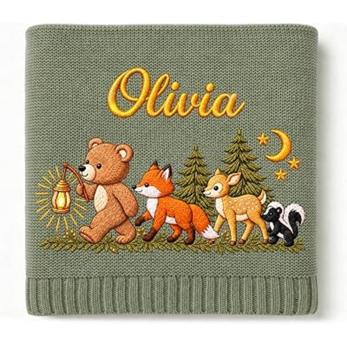 Personalized Baby Blanket with Name - Custom Embroidered Woodland Forest Animals Name Blanket, 100% Cotton Knit Baby Blanket, Green Nursery Keepsake Gift, 30x40 in