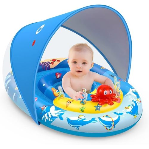 EZIGO Baby Pool Float Canopy UPF50+, Kids Floats for 6-36 Months Boys Girls | 120° Adjustable Sun Protection Toddler Swim Float with Squeaky Toys, Dual Air Chambers & Infant Baby Floatie with Safety Seat
