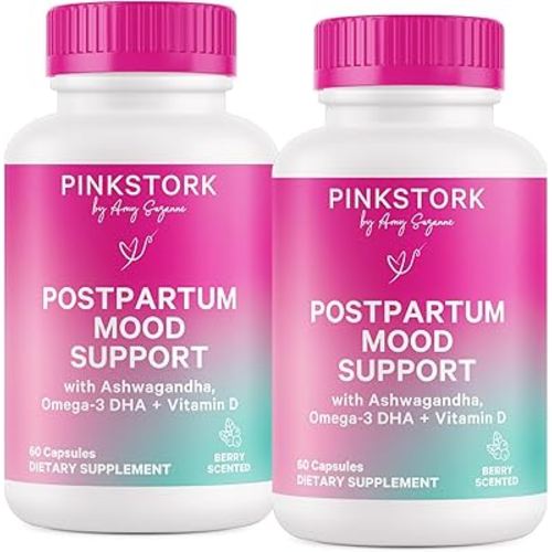 Pink Stork Postpartum Mood Support - Postnatal Hormone Balance for Moms - Breastfeeding Friendly - Stress & Cognitive Support, Postpartum Essentials - Ashwagandha, Chamomile, & Vitamin D, 120 Capsules