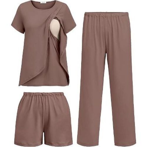 Ekouaer 3 PCS Maternity Nursing Pajamas Set Postpartum Breastfeeding Short Sleeve Shirts, Pregnancy Shorts & Pants Pjs Brown L
