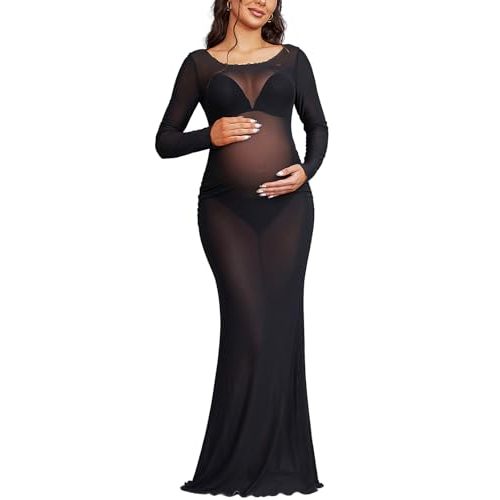 Bhome Maternity Photoshoot Dress Long Sleeve Sheer Mesh Maternity Maxi Gown Babyshower