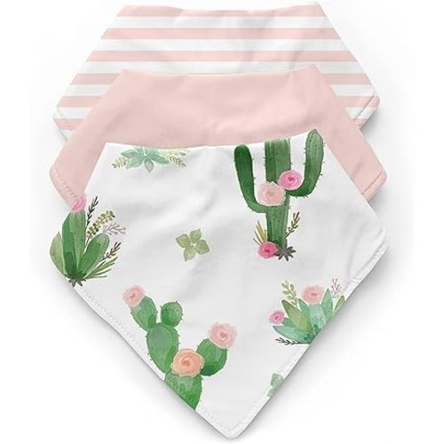Sweet Jojo Designs Cactus Floral Girl Baby Bandana Bibs for Newborn Infant Feeding Drool - Pink and Green Boho Watercolor Shabby Chic Desert - 3 Pack Set of Absorbent Fabric Bibdanas