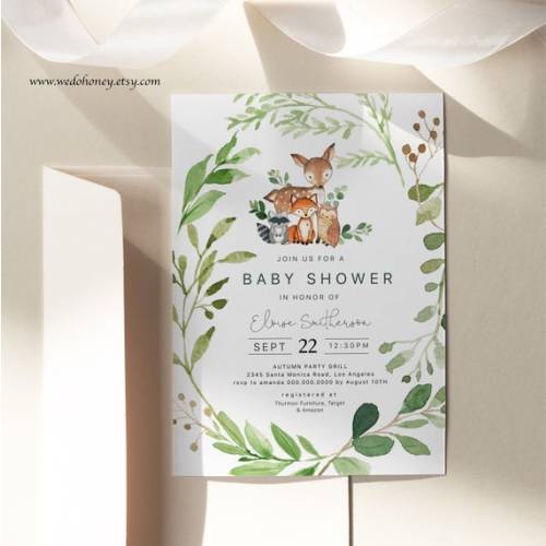 Woodland Baby Shower Invitation Gender Neutral Greenery - Etsy