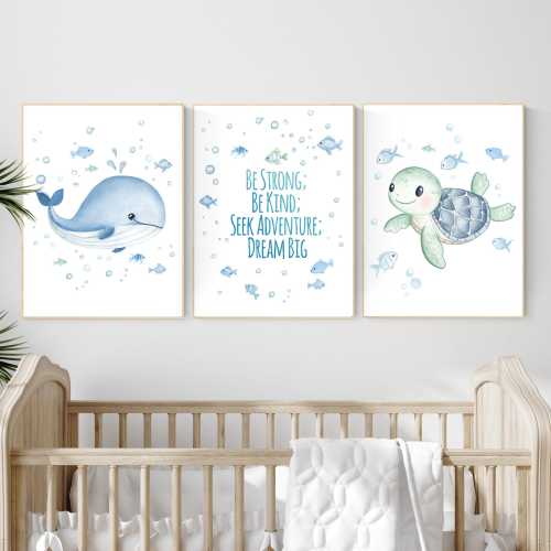 Watercolor Ocean Nursery Art Prints: Whale, Turtle, Quote