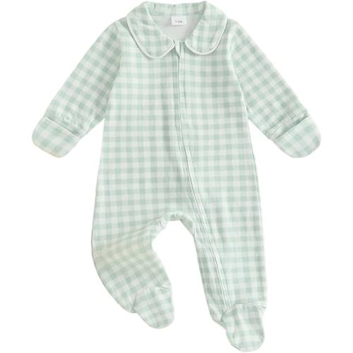 Newborn Baby Boy Girl Gingham Footed Romper Plaid Print Peter Pan Collar Long Sleeve Jumpsuit Coming Home Outfit