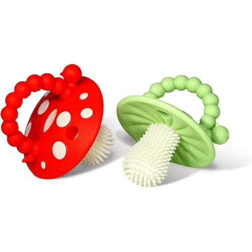 RaZbaby Soft Silicone Infant & Baby 3M+ Teether Toy Massaging Bristles Teething Relief Pacifier - Soothes Sore Gums - Hands-Free & Easy-to-Hold Chompy Teether, BPA Free (RED/Green)