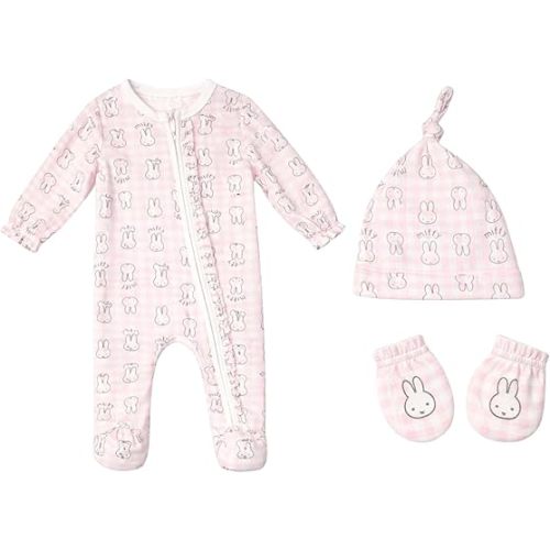 Miffy Baby Girls’ 3-Piece Ultra-Soft Footed Coverall, Beanie & Mitten Sets