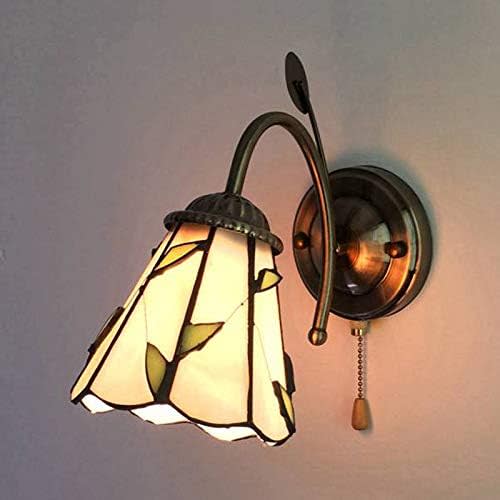 LITFAD Brass Wall Light Cone 1 Light Stained Glass Wall Sconce with Pull Chain Tiffany Style Decorative Wall Lamp for Bedroom Hotel Restaurant - Leaf