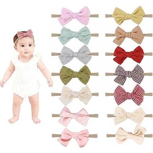 14 Pcs Baby Girl Headband Bows Soft Nylon Hairbands With Hair Bows Elastics Linen Handmade Toddler Hair Accessories For Girls Newborns Infants And Kids. (Brown Bows, Mid)