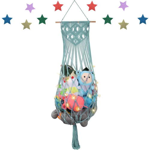 Stuffed Animal Storage Hammock, 63'' Jumbo Boho Macrame Corner Toy Hammock Wall Hanging Net Holder for Nursery Teddy Plushie, Turquoise Plush Toy Net with Star Light for Baby Boys Girls