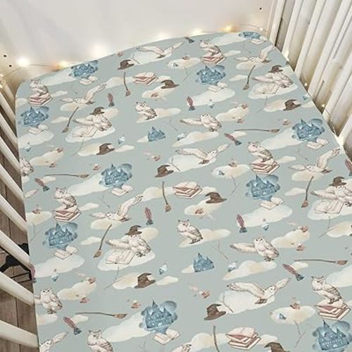 Vintage Wizard Owls Baby Crib Sheets for Boy Girl 52"x28" Witch Hat Books Castle Clouds Soft Snug Fitted Crib Mattress Cover Magics Wizard Universe Baby Sheet for Standard Crib & Toddler Mattress Pad